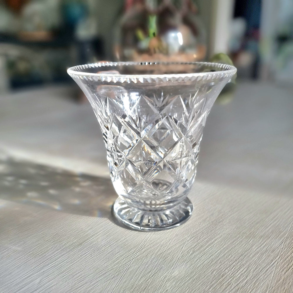 Vintage cut crystal trumpet vase with diamond crosshatch pattern and hobnail rim