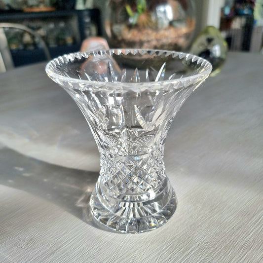 Rare Harbridge English crystal vase with hourglass shape, diamond crosshatch pattern and V-cut hobnail rim