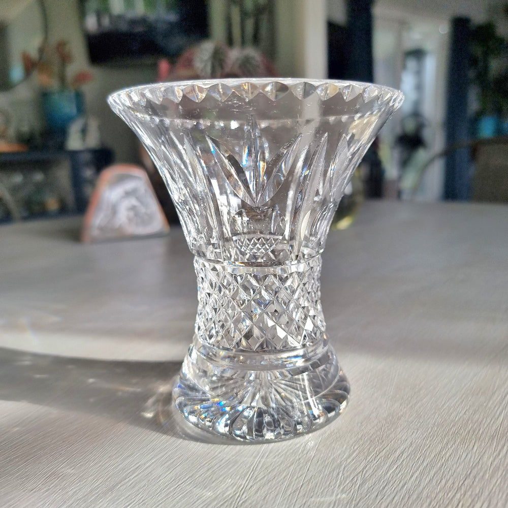 Rare Harbridge English crystal vase with hourglass shape, diamond crosshatch pattern and V-cut hobnail rim