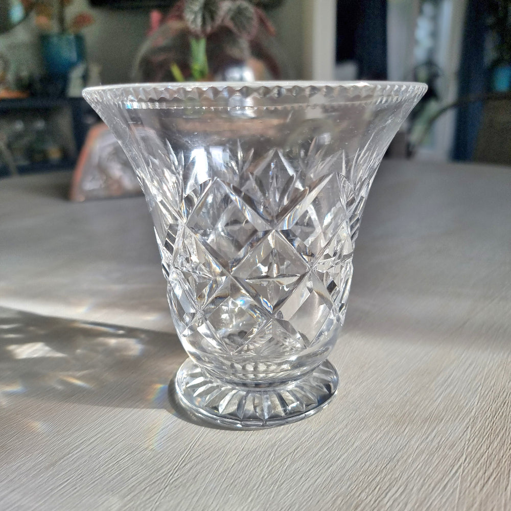 Vintage cut crystal trumpet vase with diamond crosshatch pattern and hobnail rim