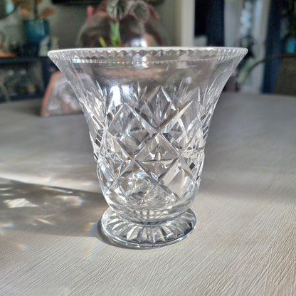 Vintage cut crystal trumpet vase with diamond crosshatch pattern and hobnail rim