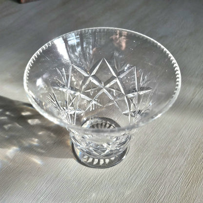 Vintage cut crystal trumpet vase with diamond crosshatch pattern and hobnail rim