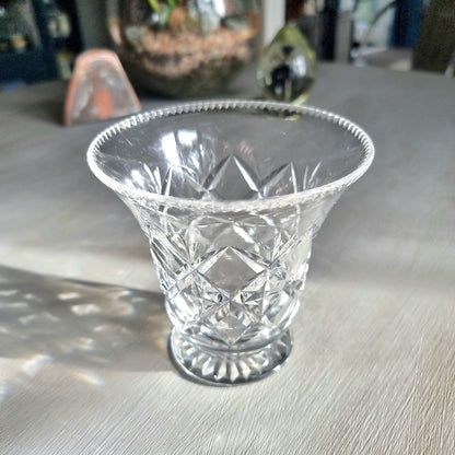 Vintage cut crystal trumpet vase with diamond crosshatch pattern and hobnail rim