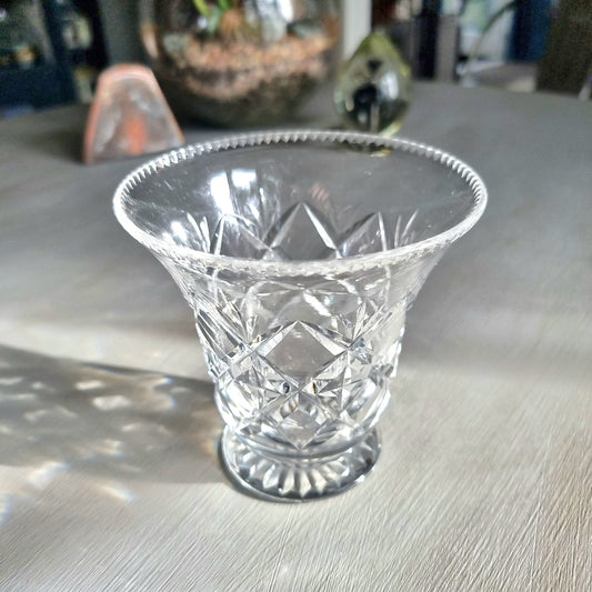 Vintage cut crystal trumpet vase with diamond crosshatch pattern and hobnail rim