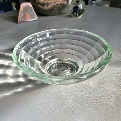 Vintage pale green tinted glass bowl with ribbed concentric ring pattern