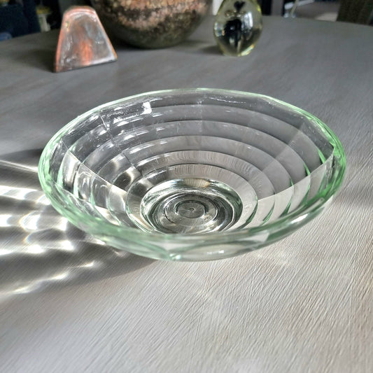 Vintage pale green tinted glass bowl with ribbed concentric ring pattern