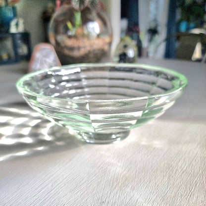Vintage pale green tinted glass bowl with ribbed concentric ring pattern