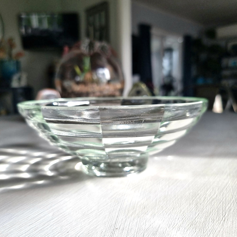 Vintage pale green tinted glass bowl with ribbed concentric ring pattern