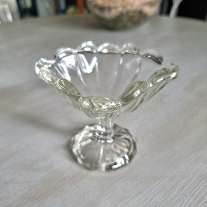 Vintage pressed glass footed dish with scalloped petal rim and ribbed bowl panels