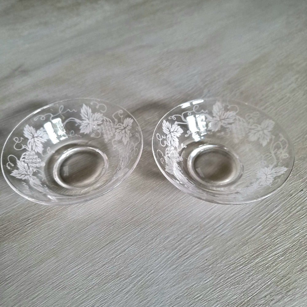 Pair of vintage etched clear glass dishes with grapevine leaf and grape cluster design