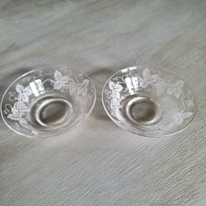 Pair of vintage etched clear glass dishes with grapevine leaf and grape cluster design