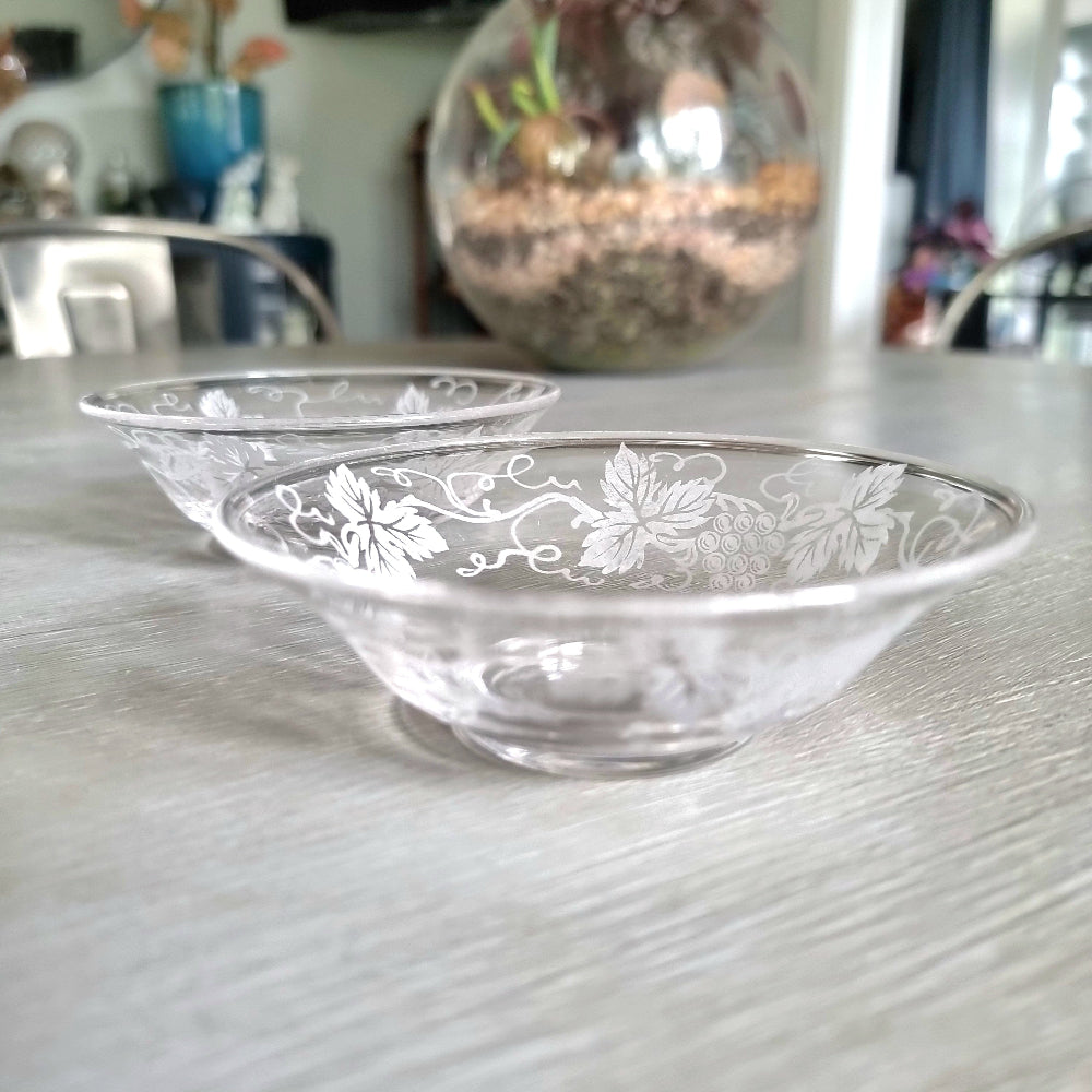 Pair of vintage etched clear glass dishes with grapevine leaf and grape cluster design