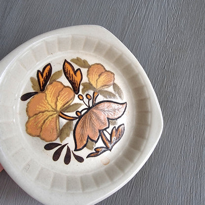 Small vintage Palissy trinket dish with brown floral pattern on cream ceramic