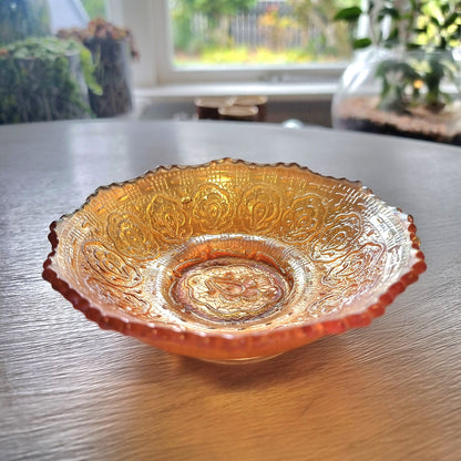 Vintage Fenton Persian Medallion carnival glass bowl with peach iridescent finish and ornate paisley pattern.