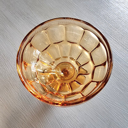 Vintage amber pedestal glass engraved with NZ Centennial Exhibition 1940 inscription and faceted bowl design.