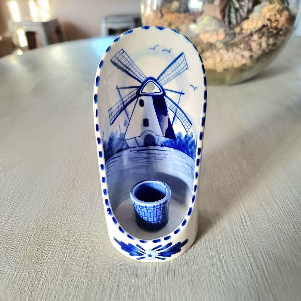 Vintage hand painted Delft-style wall candle sconce with windmill landscape scene and small taper socket