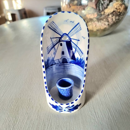 Vintage hand painted Delft-style wall candle sconce with windmill landscape scene and small taper socket