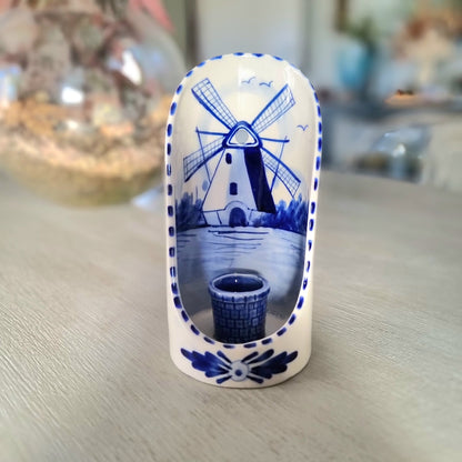 Vintage hand painted Delft-style wall candle sconce with windmill landscape scene and small taper socket