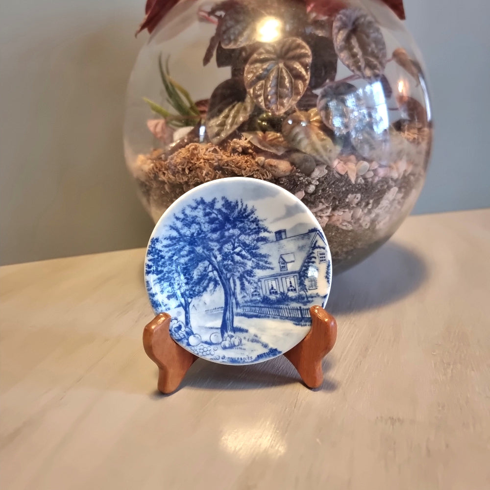 Blue and white miniature transferware dish with country cottage and tree scene