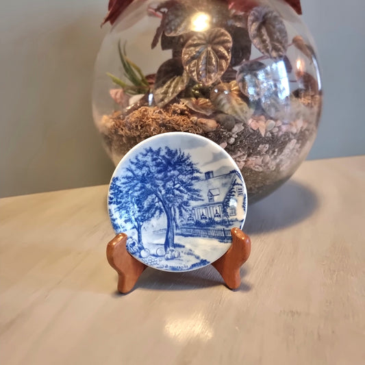 Blue and white miniature transferware dish with country cottage and tree scene