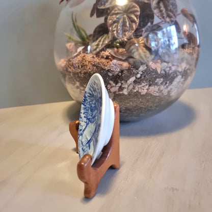 Blue and white miniature transferware dish with country cottage and tree scene