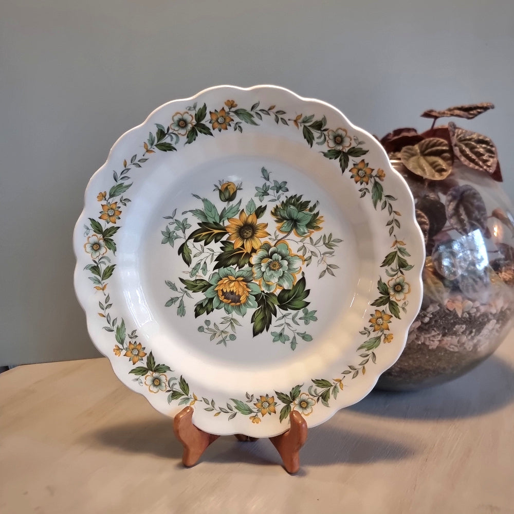 Vintage Ridgway Staffordshire dinner plate with yellow and green floral bouquet and scalloped edge, Made in England