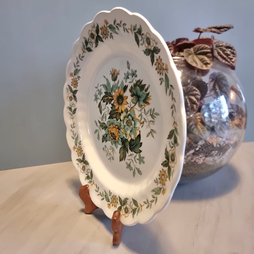 Vintage Ridgway Staffordshire dinner plate with yellow and green floral bouquet and scalloped edge, Made in England
