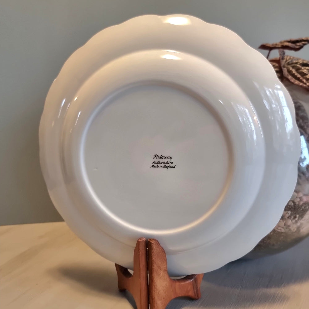 Vintage Ridgway Staffordshire dinner plate with yellow and green floral bouquet and scalloped edge, Made in England