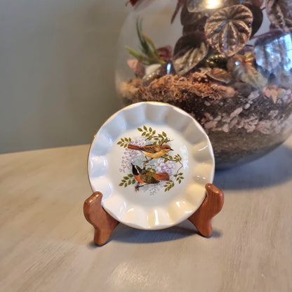 Vintage Prinknash Pottery Birds of the Hedgerow miniature dish, Redstart with Wisteria by A.J. Heritage, Gloucester England