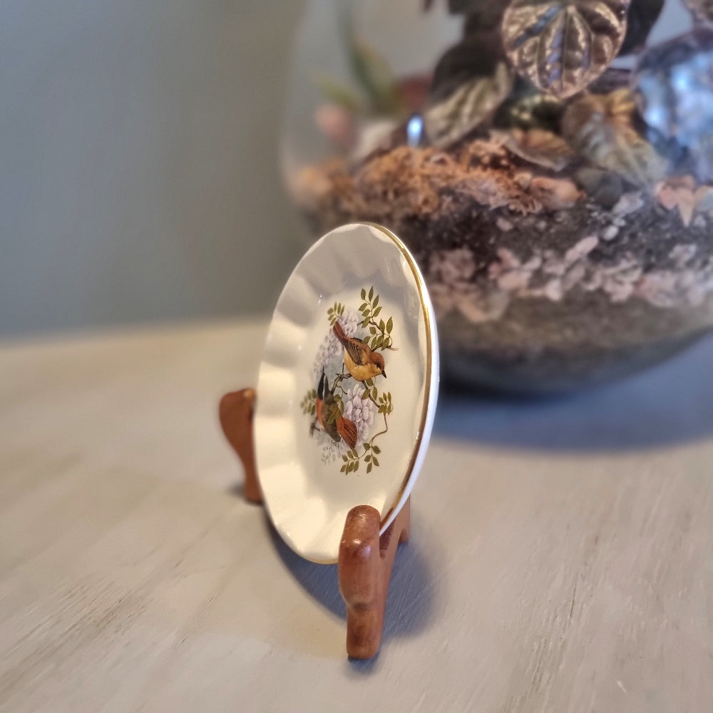 Vintage Prinknash Pottery Birds of the Hedgerow miniature dish, Redstart with Wisteria by A.J. Heritage, Gloucester England