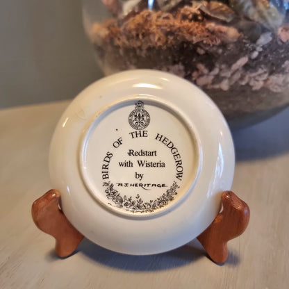 Vintage Prinknash Pottery Birds of the Hedgerow miniature dish, Redstart with Wisteria by A.J. Heritage, Gloucester England