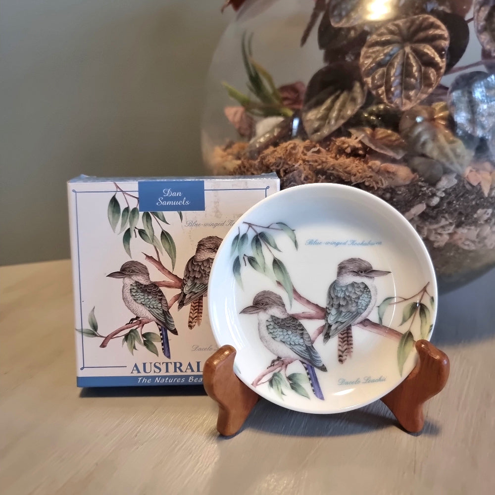 Dan Samuels Australia fine bone china dish with Blue-winged Kookaburra illustration, The Natures Beauty collection, in original box