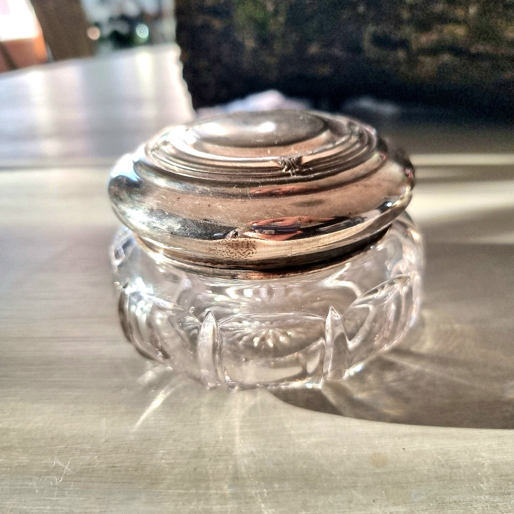 Vintage cut glass trinket dish with domed silver-plated lid