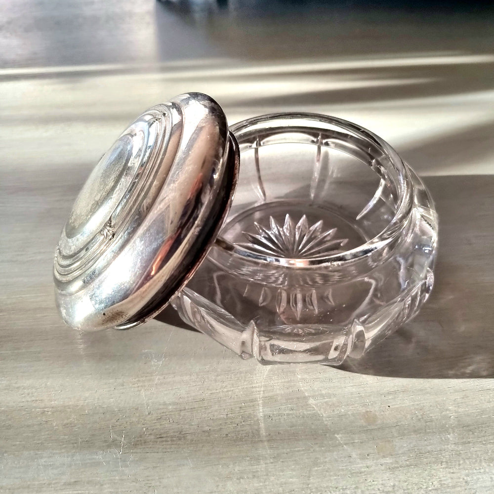 Vintage cut glass trinket dish with domed silver-plated lid