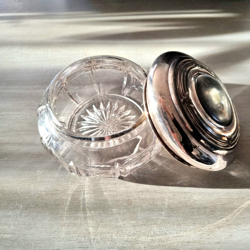 Vintage cut glass trinket dish with domed silver-plated lid