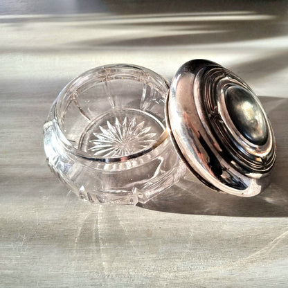 Vintage cut glass trinket dish with domed silver-plated lid