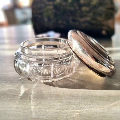 Vintage cut glass trinket dish with domed silver-plated lid