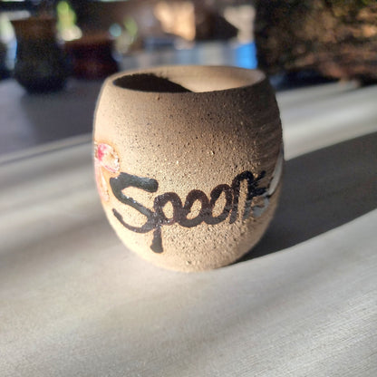 Handmade pottery "Spoons" pot with hand-painted lettering and floral detail