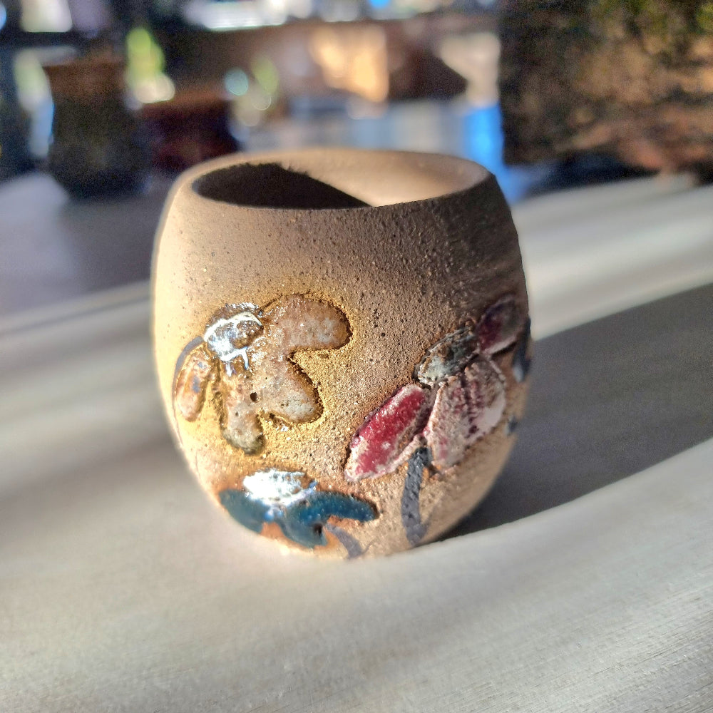 Handmade pottery "Spoons" pot with hand-painted lettering and floral detail