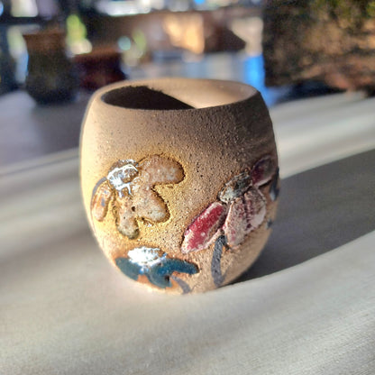 Handmade pottery "Spoons" pot with hand-painted lettering and floral detail
