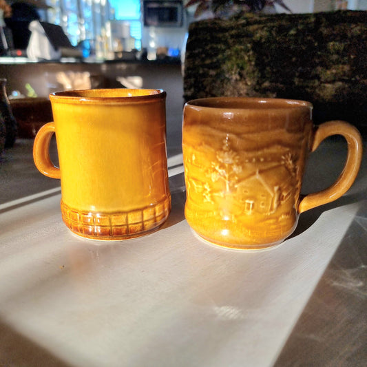 Vintage honey glaze mug pair, ribbed mug and Crown Lynn 1215 farm scene mug
