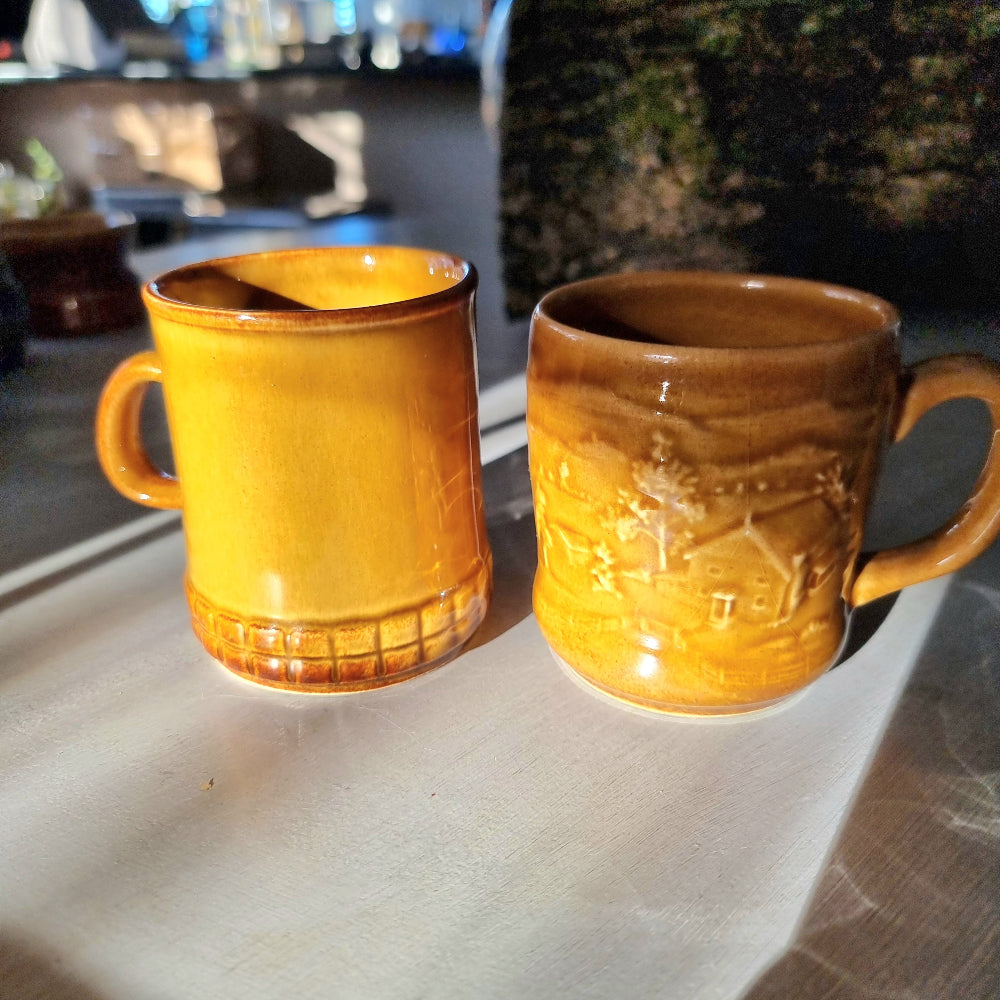Vintage honey glaze mug pair, ribbed mug and Crown Lynn 1215 farm scene mug