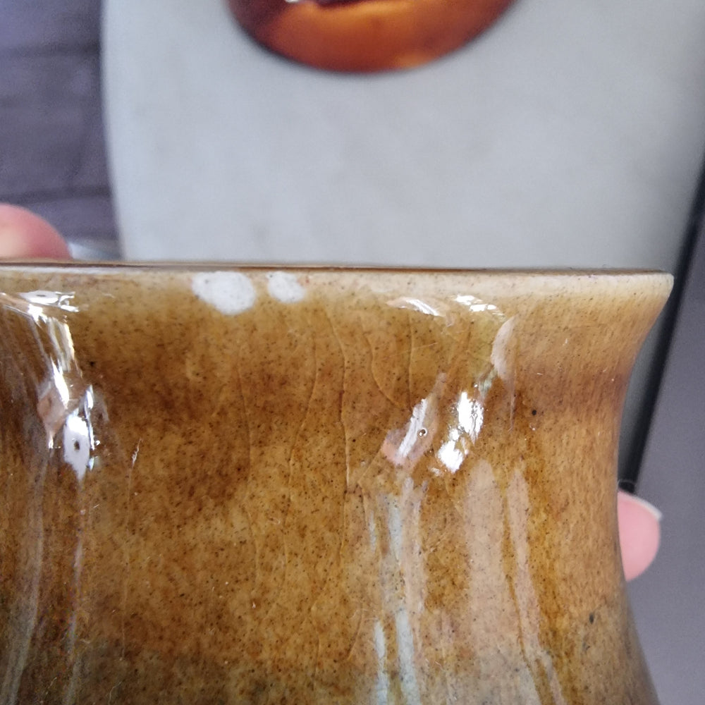 Vintage honey glaze "Spoons" jar with embossed lettering and small glaze chip