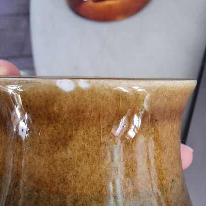 Vintage honey glaze "Spoons" jar with embossed lettering and small glaze chip