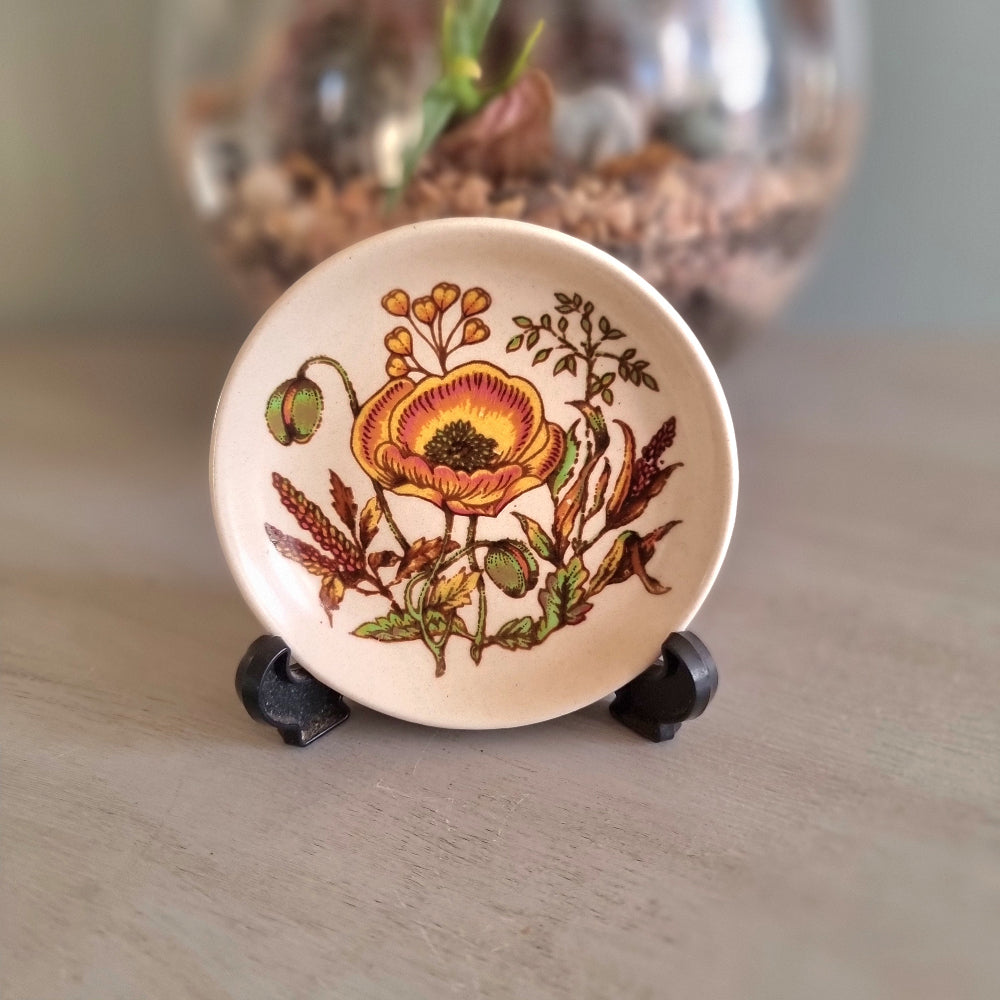 Vintage Palissy poppy trinket dish with orange and gold floral pattern