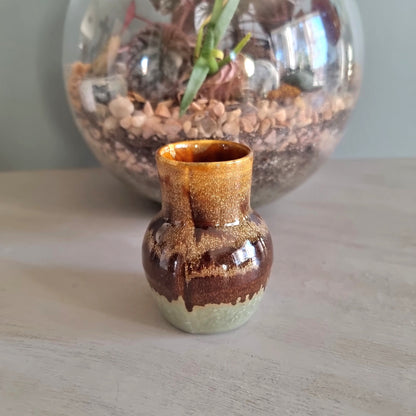 Vintage brown and sage drip glaze ceramic bud vase