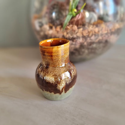 Vintage brown and sage drip glaze ceramic bud vase