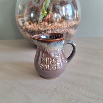 Vintage Clay Craft New Zealand pottery jug with "Mint Sauce" lettering and drip glaze finish