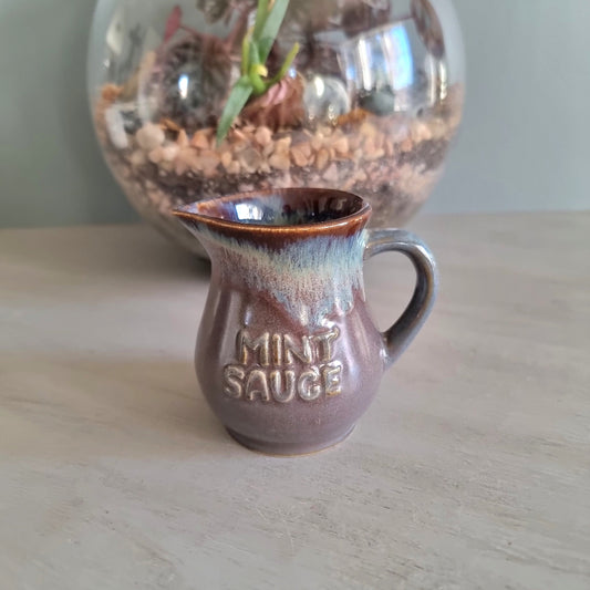 Vintage Clay Craft New Zealand pottery jug with "Mint Sauce" lettering and drip glaze finish