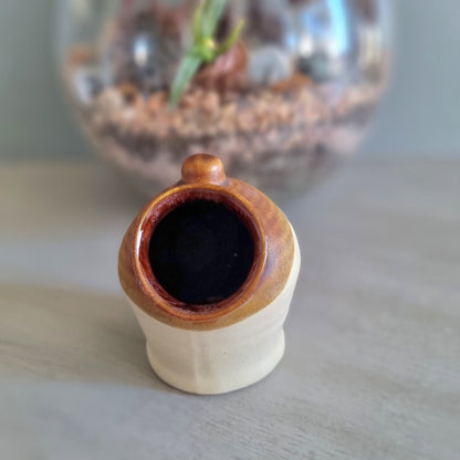 Vintage cottage-style ceramic salt pig or honey pot with brown glaze and hand-painted floral design